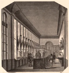 Uitzicht op het interieur van de Grote Galerij in het Koninklijk Conservatorium van Kunsten en Ambachten, Parijs, Frankrijk