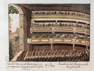Interieur van het Keizerlijk Theater in de wijk Josephstadt in Wenen. Oostenrijk. Gravure uit 1815. Privécollectie
