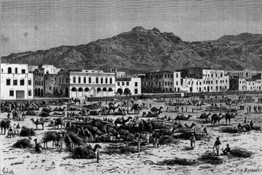 Zicht op de mars van Aden in Abessinië. Gravure rond 1880