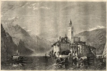 Zicht op het klooster Mater Ecclesiae op het eiland San Giulio op het Ortameer in Italië. Gravure naar een schilderij van William Collingwood Smith. In 