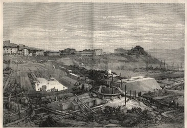Zicht op de nieuwe dokken gebouwd door de Italiaanse regering in de haven van La Spezia. Gravure in 