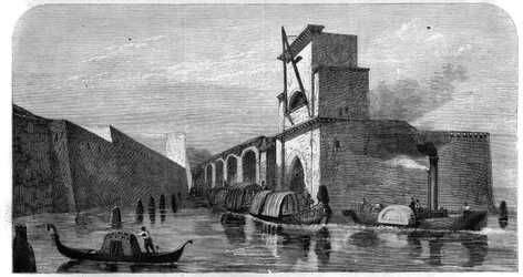 Zicht op het oude arsenaal van de stad Venetië, Italië. Gravure in "L