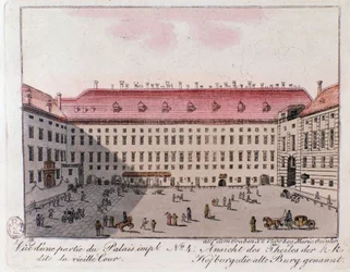 Uitzicht op het deel van het keizerlijk paleis genaamd de Oude Hof in Wenen. Oostenrijk. Gravure uit 1815 Privécollectie