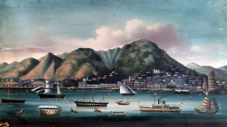 Zicht op de haven van Hong Kong (zeilboten en stoomboot)