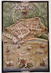 Uitzicht op de haven van Le Havre in 1583 - uit een verlucht manuscript door Jacques Delvaux, piloot van de marine, opgedragen aan Admiraal de Joyeuse