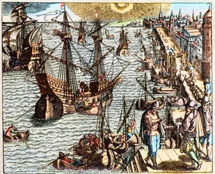 Zicht op de haven van Lissabon in de 16e eeuw