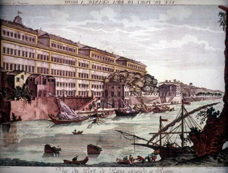 Zicht op de haven van Ripa Grande aan de Tiber - gravure