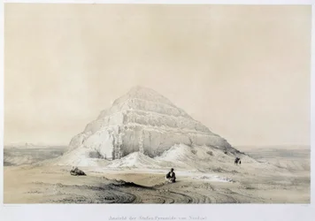 Uitzicht op de piramide van Saqqarah (Sakkarah). Egypte. Illustratie uit de 19e eeuw