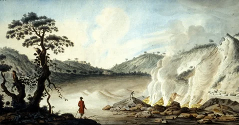 Uitzicht op de Solfatara, vulkanisch terrein met hete dampen en zwavelgassen. Pozzuoli bij Napels (19e eeuw)