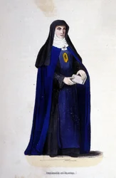 Visitandine religieuze in Vlaanderen. Orde van Visitatie opgericht door Sint-Franciscus van Sales en Sint-Joan van Chantal in 1610. Gravure uit de 19e eeuw
