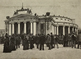 Bezoekers voor Teatro Pompeiano bij United Exhibitions, Milaan, Italië, gravure van foto door gebroeders Treves uit L