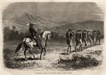 Vrijwilligers op weg naar Cali, een lange rij mannen met hun handen achter hun rug gebonden, verbonden door een touw aan elkaar, een touw vastgehouden door een soldaat te paard, die hen naar een militair trainingskamp brengt. Gravure ter illustratie van de
