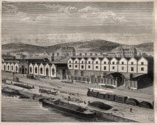 Vue du chateau de Pekin, hoofdvestiging van de Compagnie des grands vins de Champagne door Eugene Mercier (1838-1904) en Cie nabij Epernay - Gravure in 