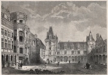 Buitenaanzicht van het kasteel van Blois met de monumentale trap - Gravure in 