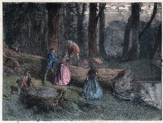 Wandelaars proberen de leeftijd van een dode eik te berekenen door de stam van de boom te bestuderen. Gravure eind 19e eeuw.