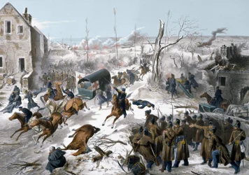 Oorlog van 1870 tussen Frankrijk en Pruisen: Rode Kruis tijdens de Slag bij Bapaume in de Pas de Calais op 2 en 3/01/1871 die de overwinning zag van het leger van het Noorden onder leiding van generaal Faidherbe tegen de Pruisen