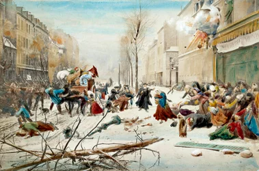 Oorlog van 1870: het beleg van Parijs in 1870, bombardement door de Pruisen. De inwoners van Parijs verlaten de gebombardeerde gebieden onder sneeuw.