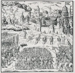 Godsdienstoorlogen: De stad Nîmes belegerd door het leger van de koning (Hendrik III) in 1576 - in Collection of 39 figures representing the calamities of France from 1562 to 1586, Louis Perrin imprim.