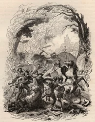 Oorlog van de Galliërs: Slag bij Aduatuca tussen het Belgische volk van de Eburonen en het Romeinse leger. Verslagen Quintus Titurius Sabinus en Lucius Aurunculeius Cotta in 54 v.Chr. Gravure uit 1868 in 