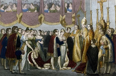 Huwelijksceremonie tussen Napoleon I en Maria-Louise van Habsburg in de kerk van de Augustijnen in Wenen, 2 april