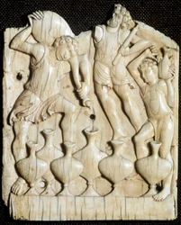 Bruiloft van Kana: de dienaren vullen zes kruiken met water die Jezus Christus in wijn zal veranderen, gesneden ivoren tablet. 11e eeuw Londen, Victoria and Albert Museum