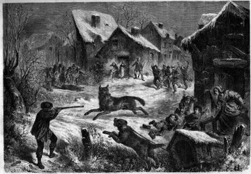 Wolvenjacht in het dorp Saliers, Bouches-du-Rhône, 31 december 1860. Gravure in 