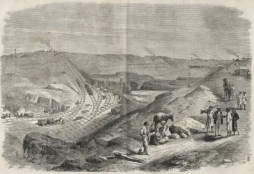 Werkzaamheden aan het Suezkanaal 1864 - Bouwplaats en boorwerkzaamheden aan het Suezkanaal in 1864 (Chaluf Tranchée).