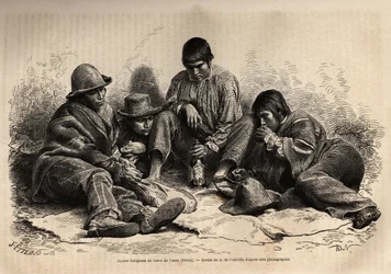 Jonge indianen uit Cerro de Pasco (centraal Peru), verzamelen zich voor het ontbijt. Gravure ter illustratie van Les iles Chincha, rect door L.Simonin, in 1860, gepubliceerd in Le tour du monde, nouveau journal des voyages, onder redactie van Edouard Chart