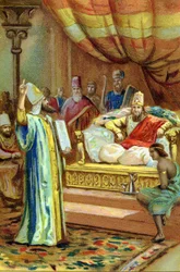 Zarathustra (Zarathustra, Zarathushtra, Zarathustra of Zoroastra), Iraanse profeet en religieuze hervormer (6e eeuw v.Chr.) aan het hof van de koning van Bactrië. Chromolithografie van de 19e eeuw.