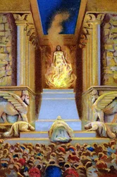 Zarathustra sterft in de tempel omringd door vlammen. Chromolithografie uit de 19e eeuw