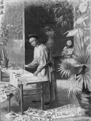 Een kalligraaf in China in de 19e eeuw gravure uit 1871.