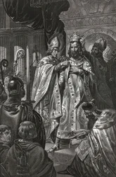 Kroning van Boudewijn van Boulogne, genaamd Boudewijn I (ca. 1065-1118), koning van Jeruzalem, op eerste kerstdag 1100