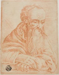 Halve schets van man met baard, leunend op vensterbank of tafel