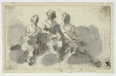 Drie zittende figuren (recto); zittende man in profiel (verso)