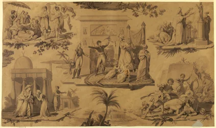 Tekening, Cartoon voor bedrukt katoenen textiel: De Fransen in Egypte [Les Francais en Egypte], ca. 1815