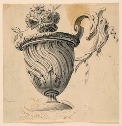 Tekening, plafondschildering en bloemenvaas, ca. 1725-50