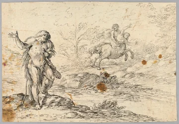 Tekening, Centaur redt meisje van knuppelzwaaiend schepsel, 16e-19e eeuw