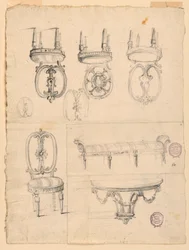 Tekening, stoelen en architectuurschetsen, ca. 1800