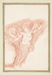 Tekening, hoekdetail met gedeeltelijk naakte mannelijke figuur, ca. 1759-70