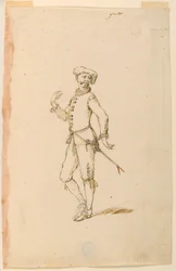 Tekening, Kostuumontwerp: Een kapitein voor een ballet, ca. 1720