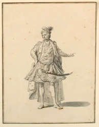 Tekening, Kostuumontwerp: Perzische prins, voor een toneelproductie ontworpen door Giuseppe Galli Bibiena, 1719