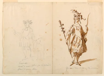 Tekening, Kostuumontwerp: Jeugd en Diana voor een Ballet, ca. 1720