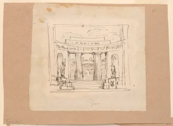 Tekening, gordijnontwerp, gebogen poort Antieke architectuur, begin 19e eeuw