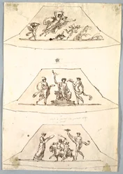 Tekening, Decoratief Project: Drie trapeziums met Flora en Zefiro, ca. 1815