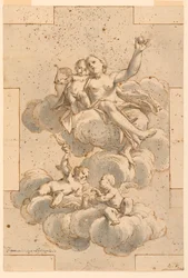 Tekening, ontwerp voor een plafondschildering, Venus, Cupido en Putti, 1700-29
