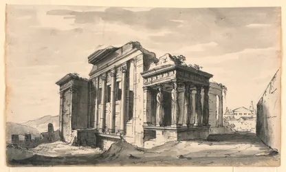 Tekening, Toneelontwerp, Het Erectheion op de Akropolis, Athene, Griekenland, begin 19e eeuw
