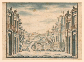 Tekening, Toneelontwerp, stadsgezicht, begin 18e eeuw