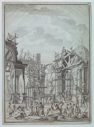 Tekening, Arbeiders bouwen arcades, ca. 1740