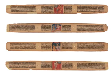 Vier bladen uit een Gandavyuha manuscript