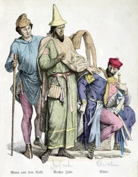 11e-eeuwse kostuums: De man met de stok, de rijke Jood en de ridder. Gravure uit de 19e eeuw